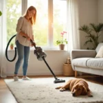 pet owner cleaning home to reduce dander and improve air quality